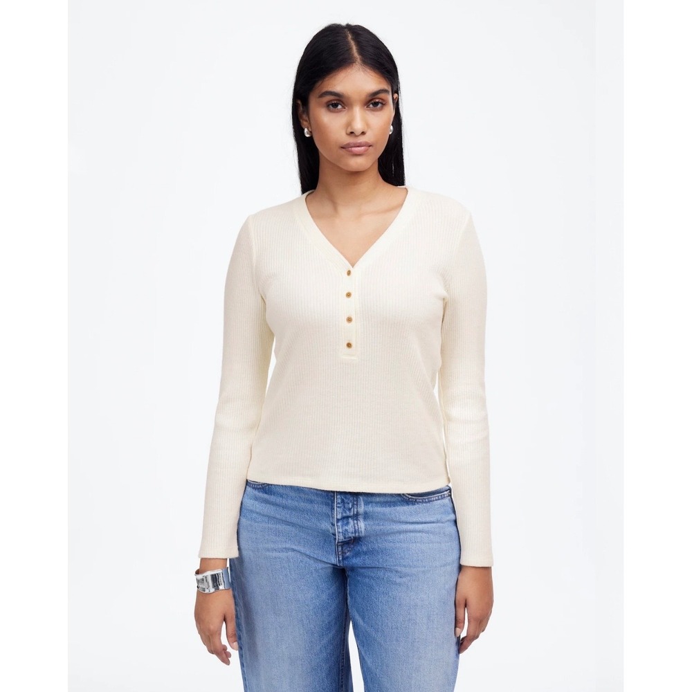 Madewell Womens Ribbed Long Sleeve Henley Top Cream V-Neck Size L CKP491836366
